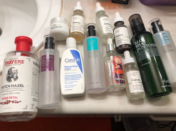 Skincare, skincare products, Thayer’s Rose Petal Witch Hazel Toner, Cosrx Two In One Poreless Power Liquid, Benton BHA and Aloe Toner, The Ordinary, Elizvecca Witch Piggy Hell Pore Hylauronic Acid Serum, CeraVe Moisturizing Lotion, Cosrx, L’Oréal Revalift Eye, Glactomyces 95, Oil-Free Ultra Moisturizing Lotion